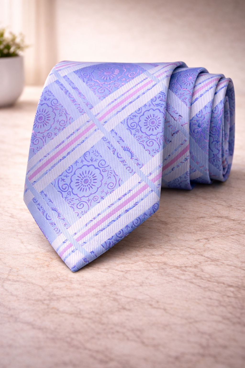 Sky Blue Geometric Floral Microsilk Tie for Men