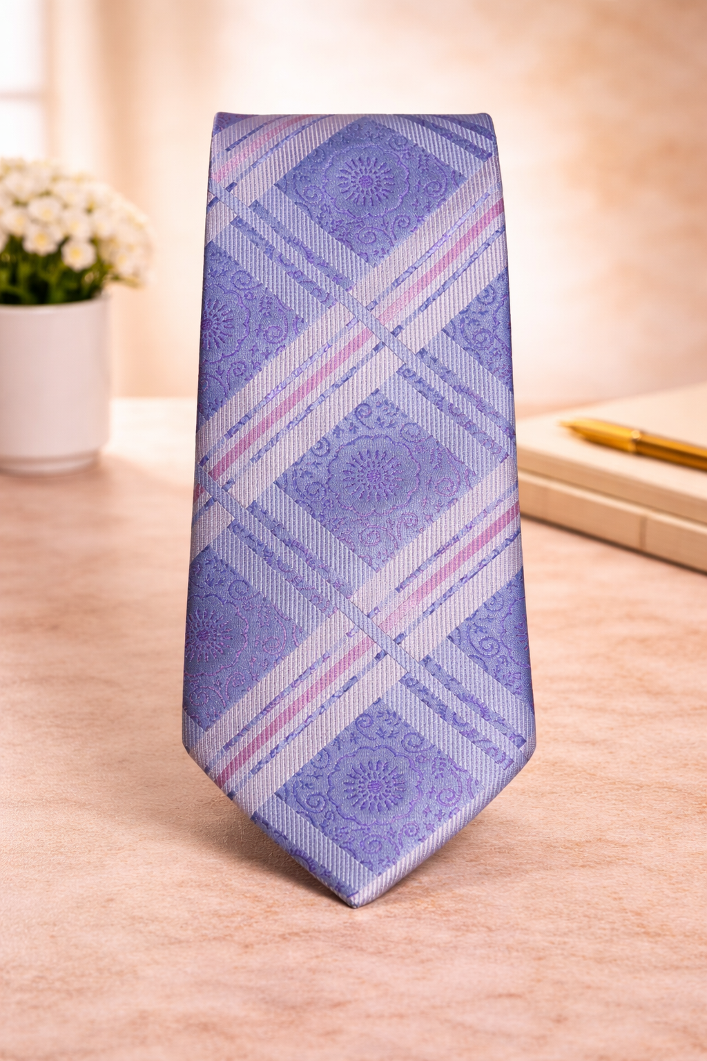 Sky Blue Geometric Floral Microsilk Tie for Men