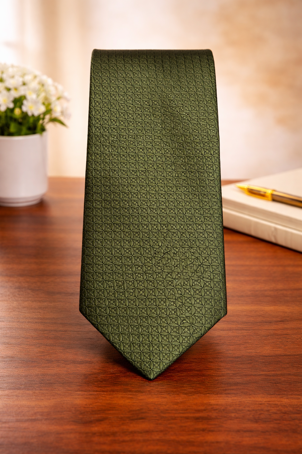 Olive Green Geometric Pattern Microsilk Tie for Men
