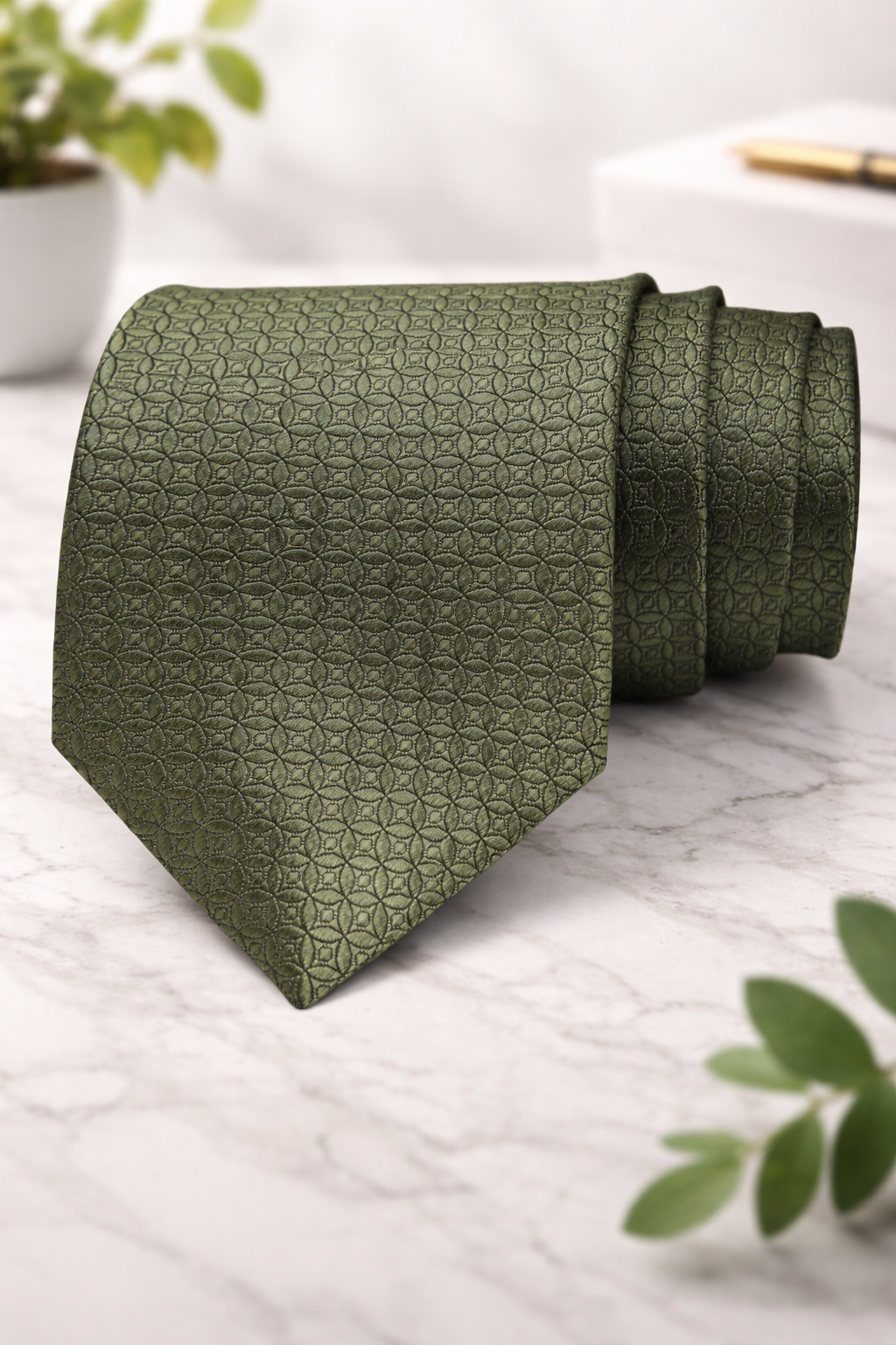 Olive Green Geometric Pattern Microsilk Tie for Men