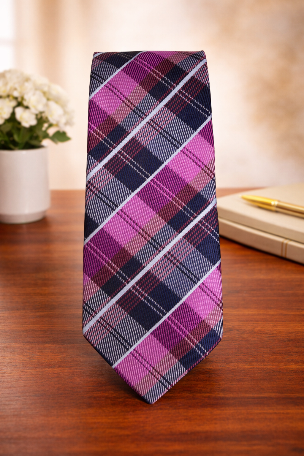 Pink & Navy Plaid Microsilk Tie