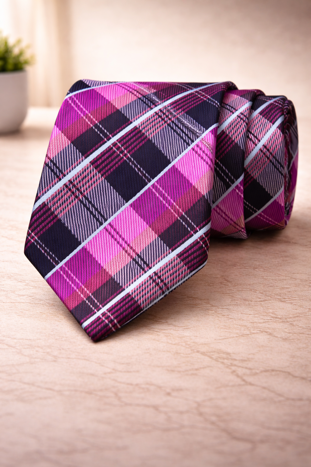 Pink & Navy Plaid Microsilk Tie