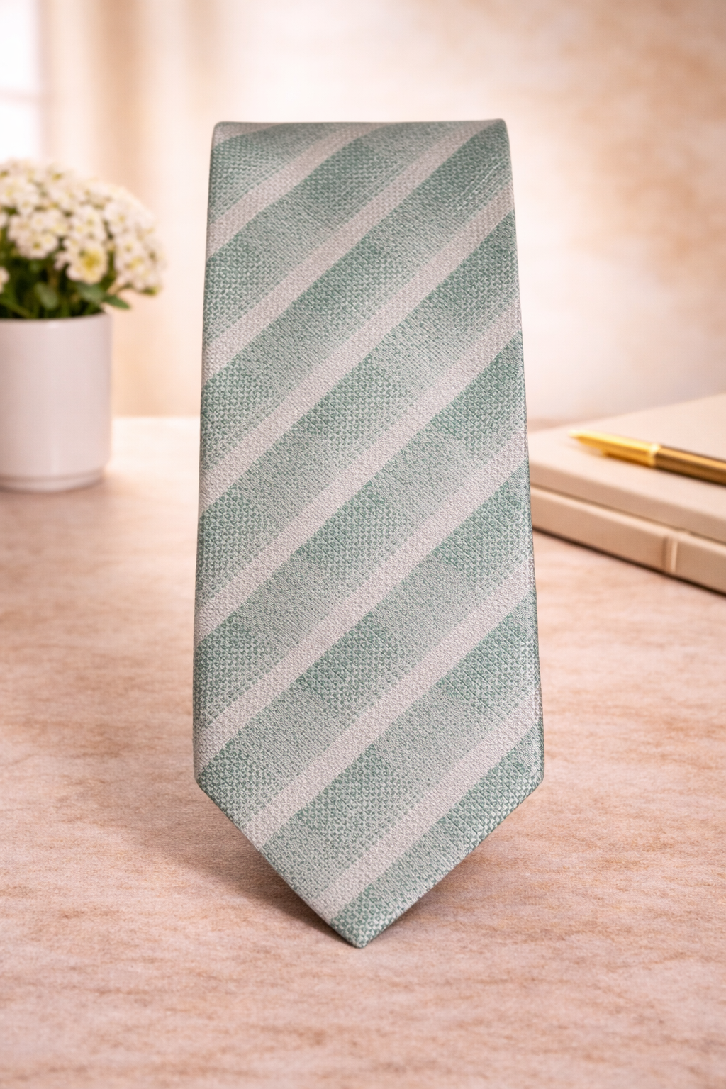 Silver & Sage Green Checkered Microsilk Tie For Men