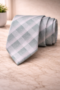 Silver & Sage Green Checkered Microsilk Tie For Men