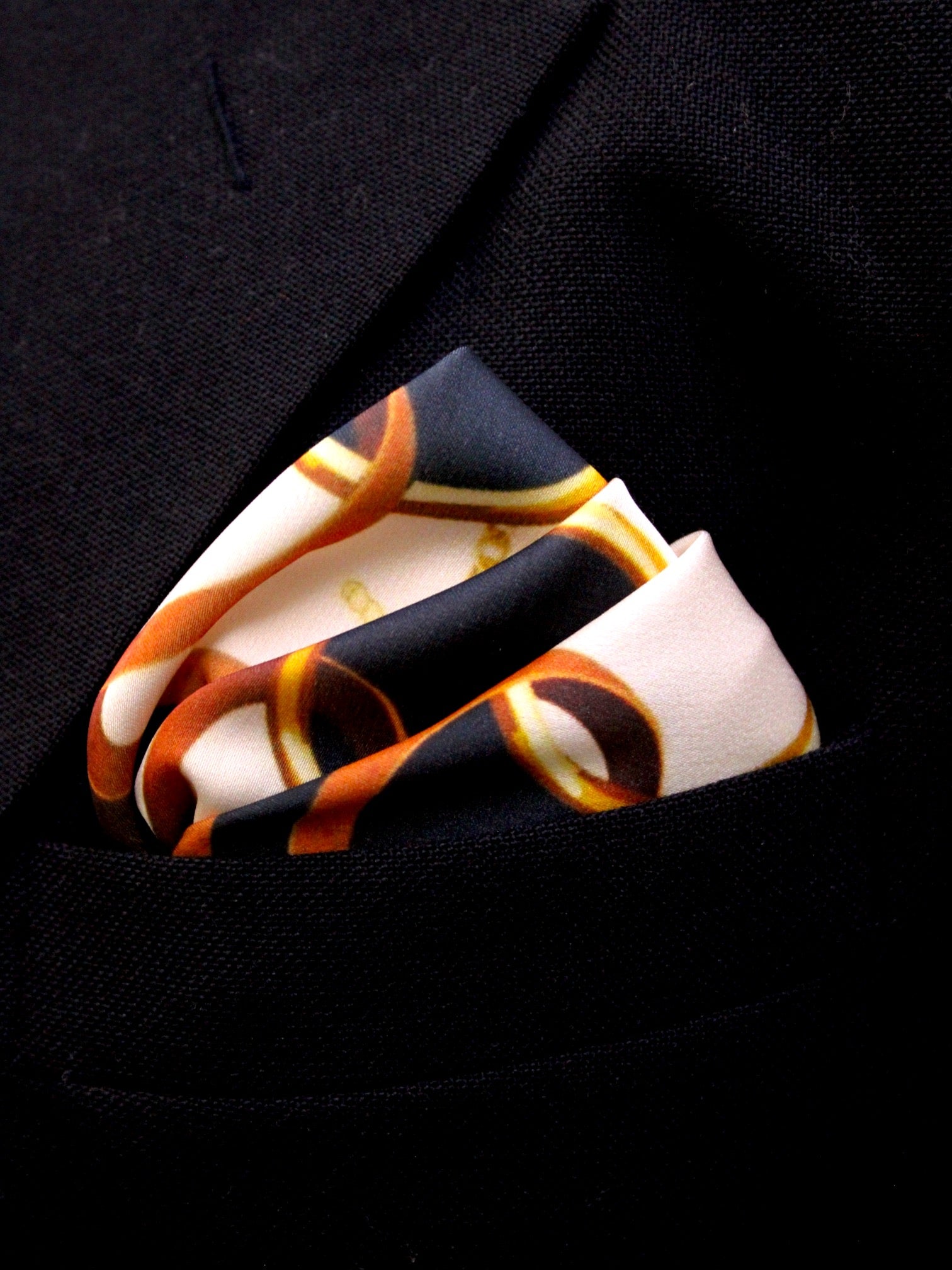 Black & Gold Equestrian Chain Print Microfiber Pocket Square