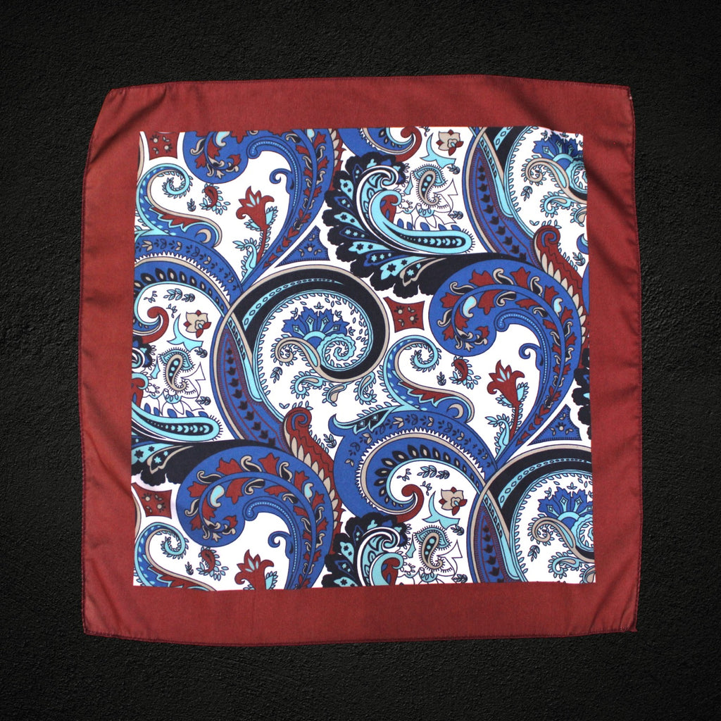 Burgundy Border Blue Paisley Microfiber Pocket Square