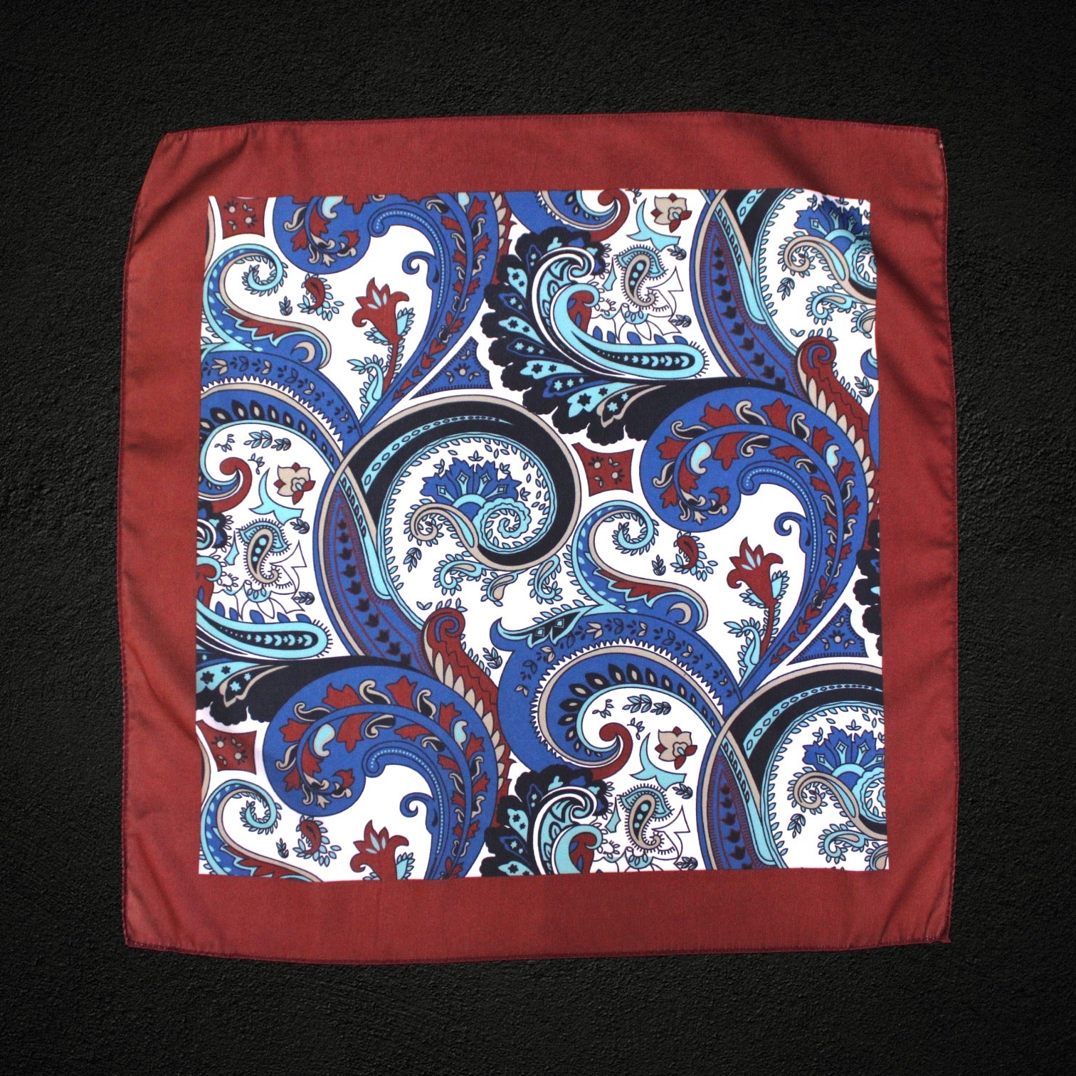 Burgundy Border Blue Paisley Microfiber Pocket Square