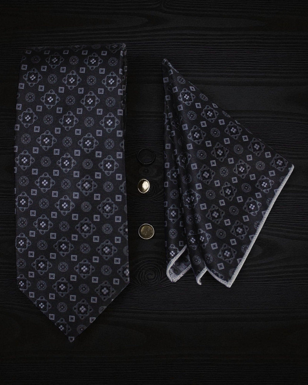 Black Geometric MicroSilk Necktie Set with Pocket Square