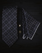 Black Geometric MicroSilk Necktie Set with Pocket Square