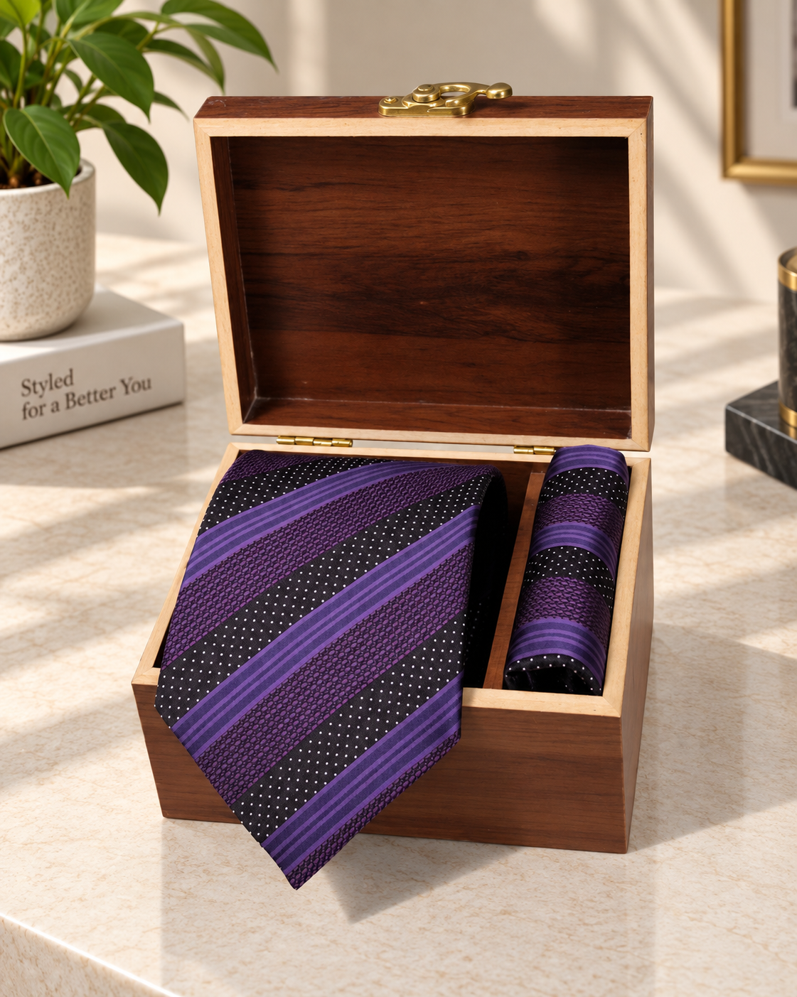 Black & Purple Striped Microsilk Tie & Pocket Square Set