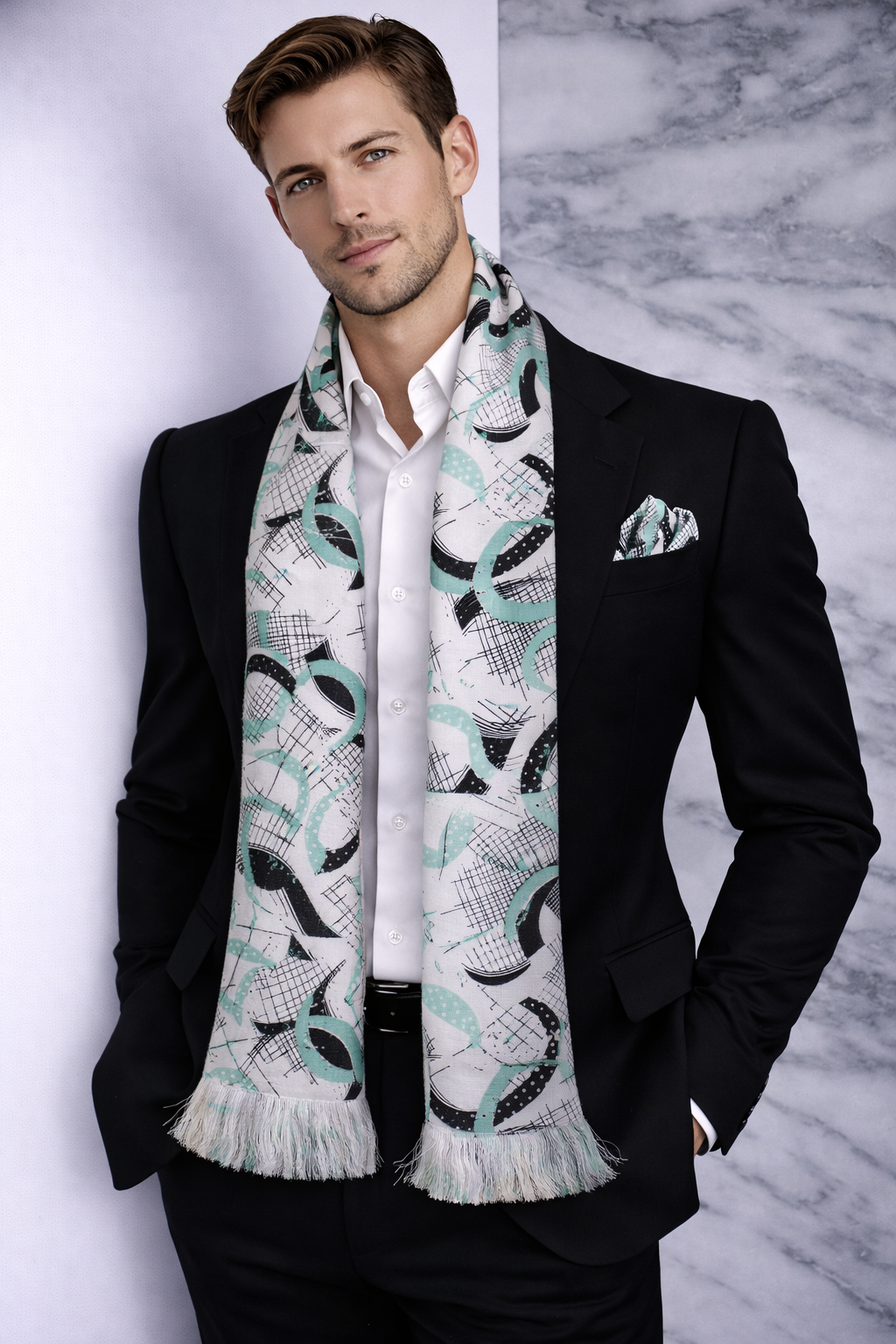 Black And Teal Blue Geometric Printed Scarf With Pocket Square