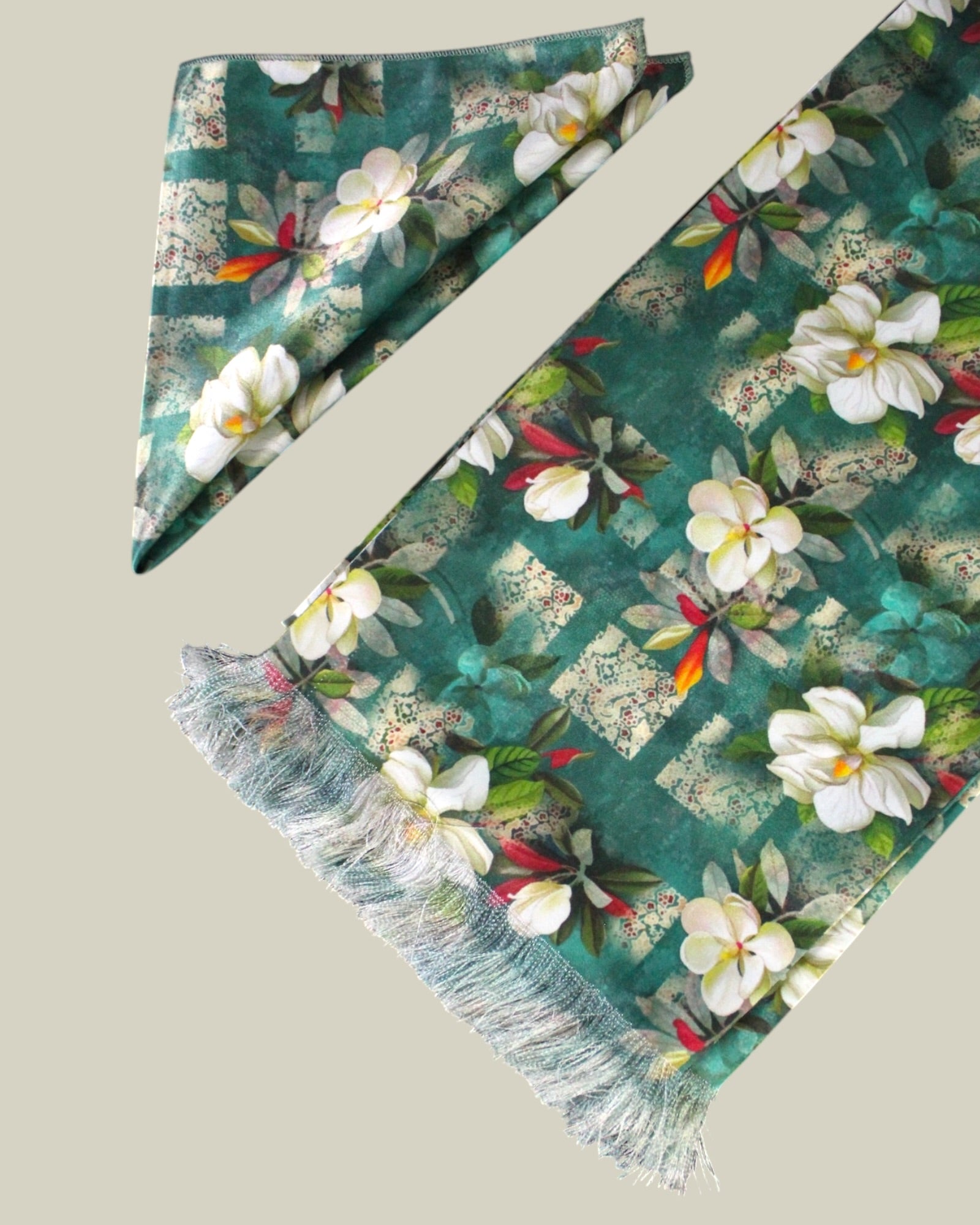 Green Floral Printed Scarf With Pocket Square