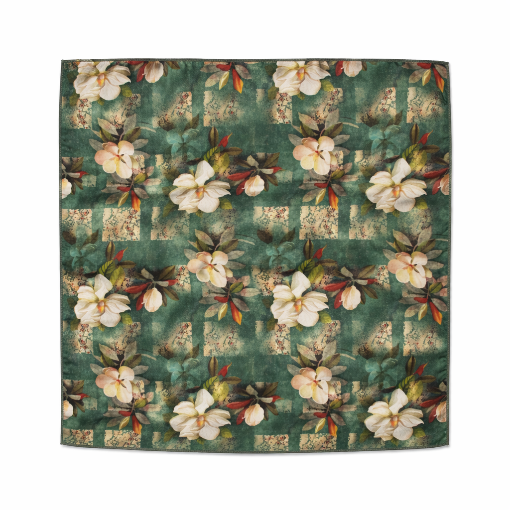 Green Floral Printed Scarf With Pocket Square