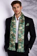 Green Floral Printed Scarf With Pocket Square