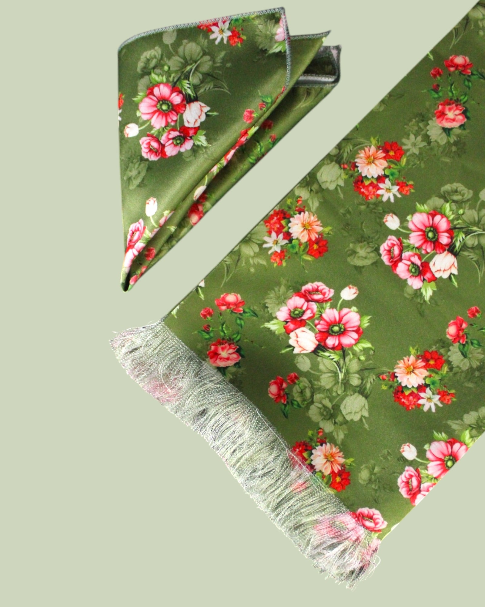 Chartreuse Green Floral Printed Scarf With Pocket Square