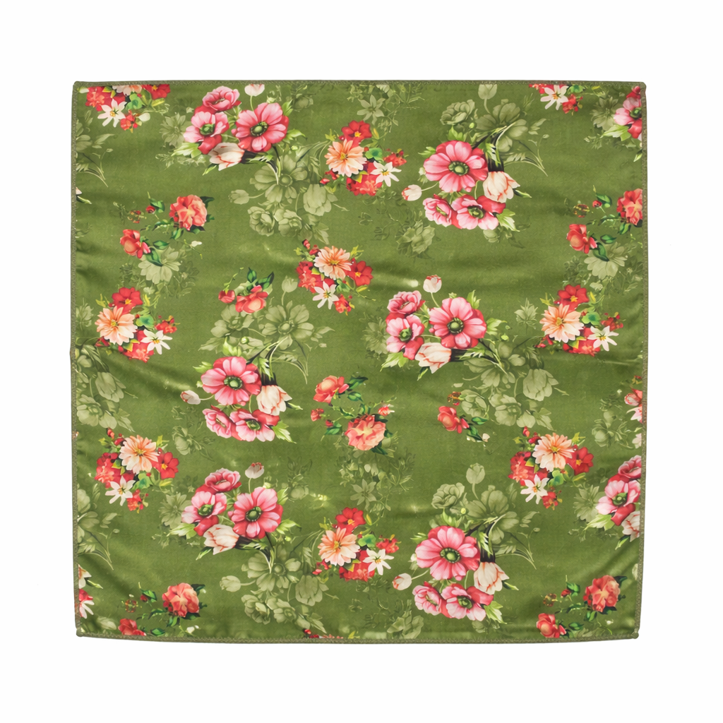 Chartreuse Green Floral Printed Scarf With Pocket Square