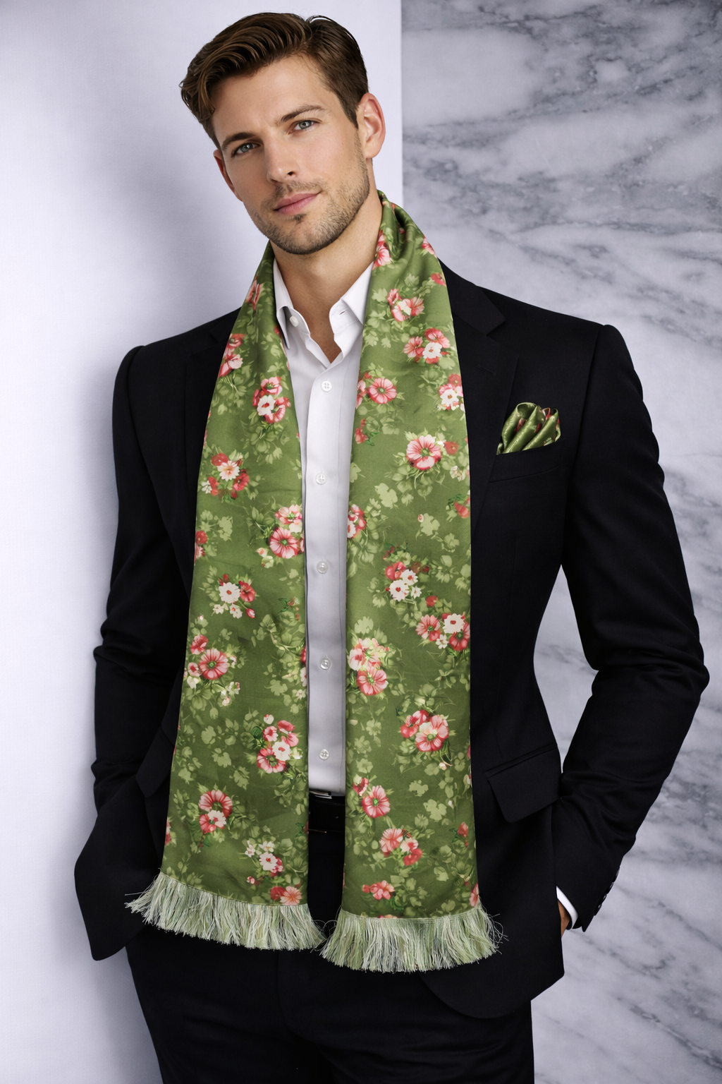 Chartreuse Green Floral Printed Scarf With Pocket Square