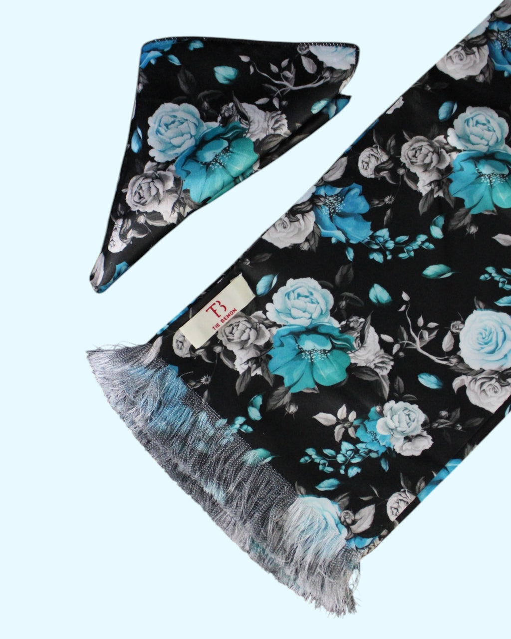 Black Floral Printed Scarf With Pocket Square