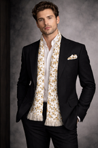 Golden Floral Printed Scarf With Pocket Square