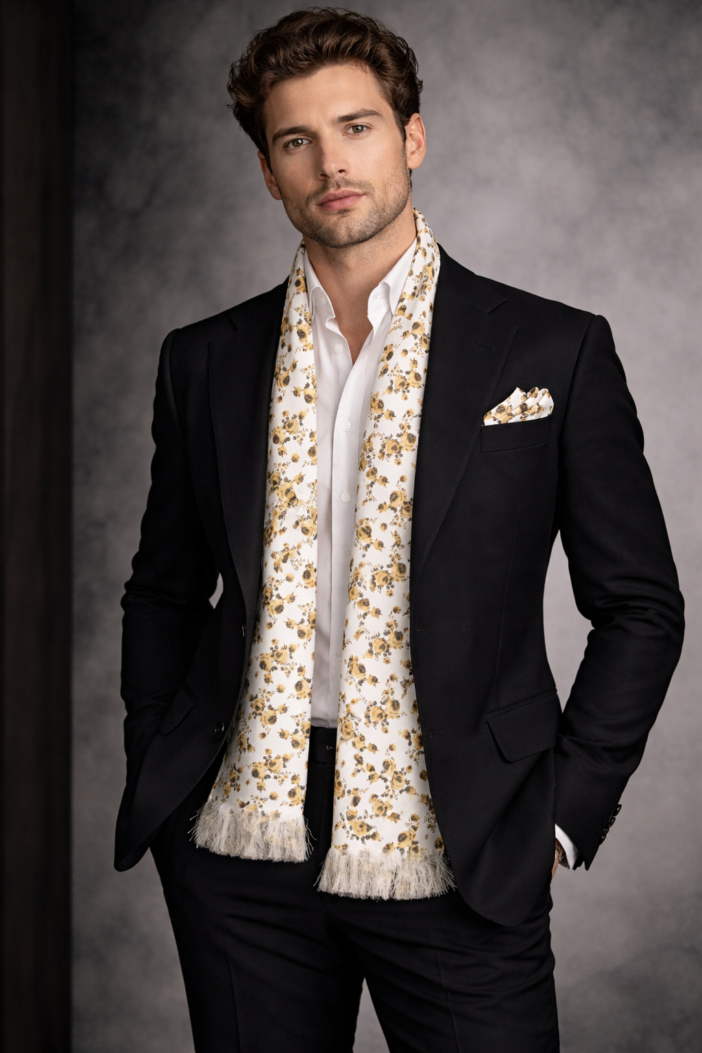 Golden Floral Printed Scarf With Pocket Square