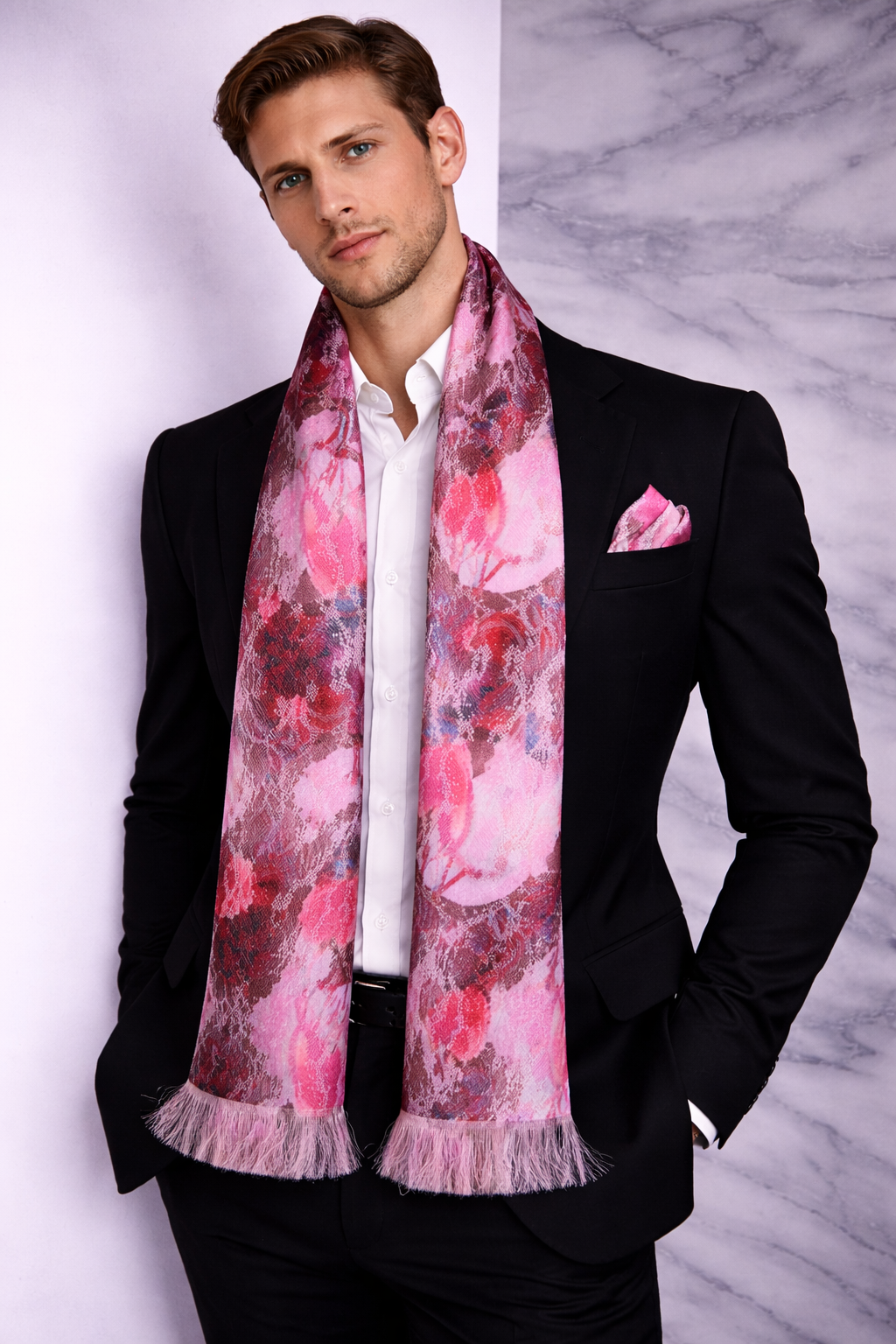 Pink Geometric Printed Scarf With Pocket Square