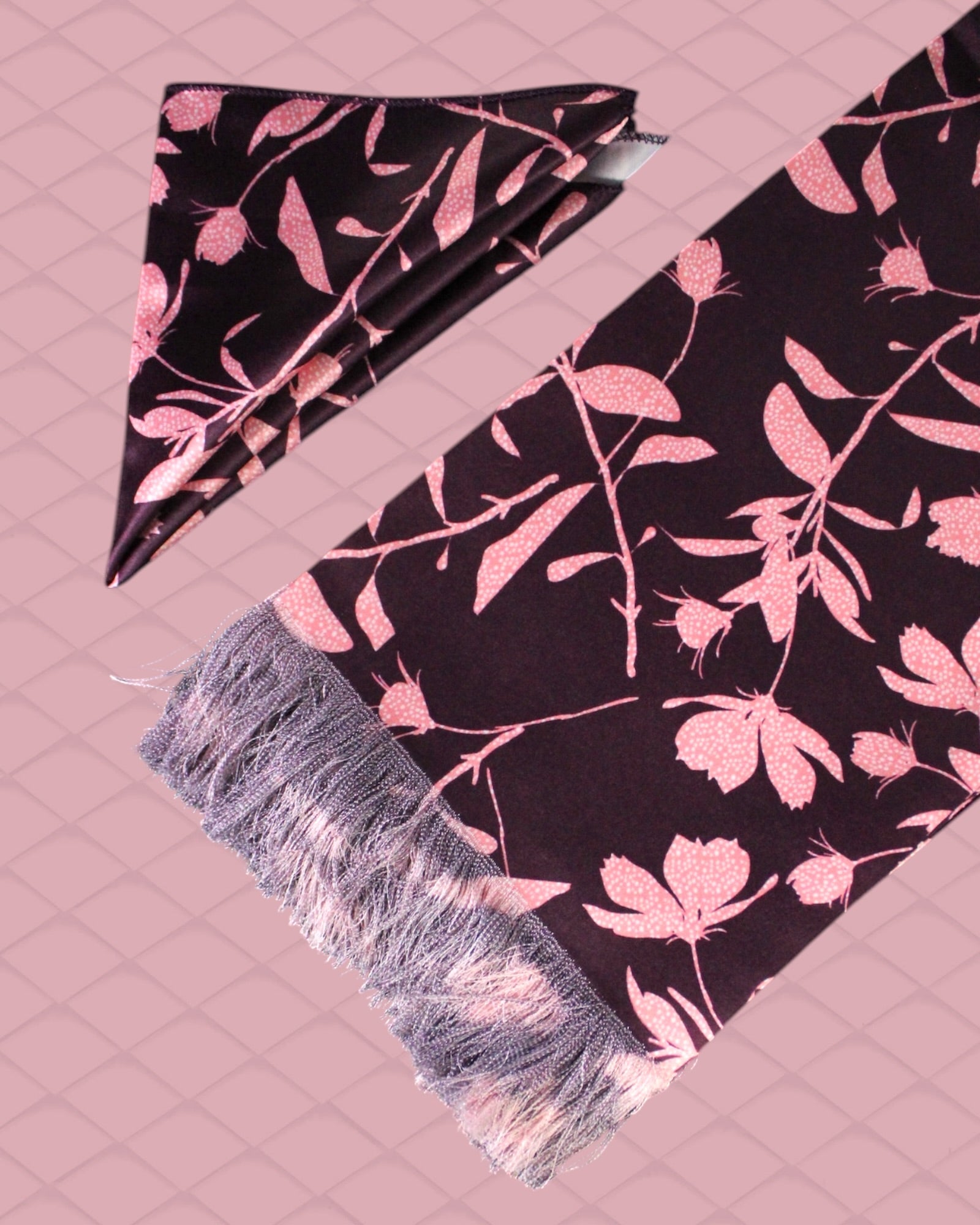 Purple Leafy Printed Scarf With Pocket Square