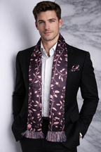 Purple Leafy Printed Scarf With Pocket Square