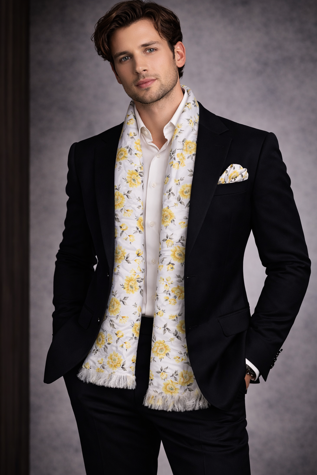 Yellow Floral Printed Scarf With Pocket Square