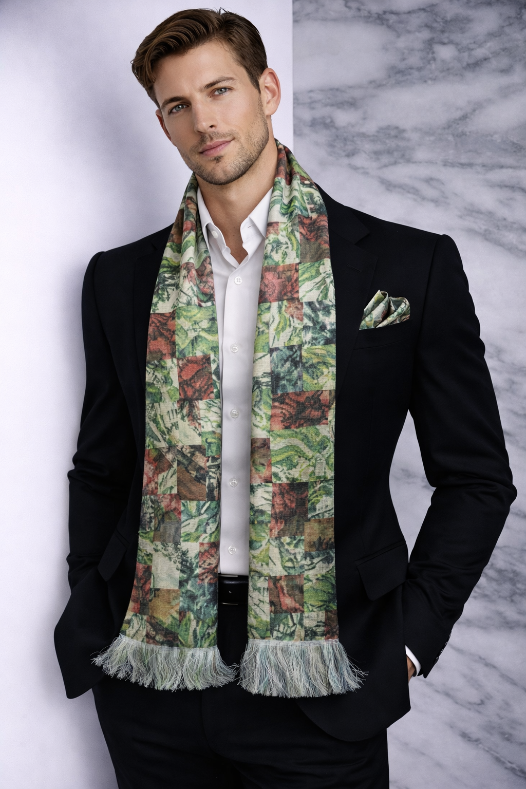 Multicolor Leafy Block  Printed Scarf With Pocket Square