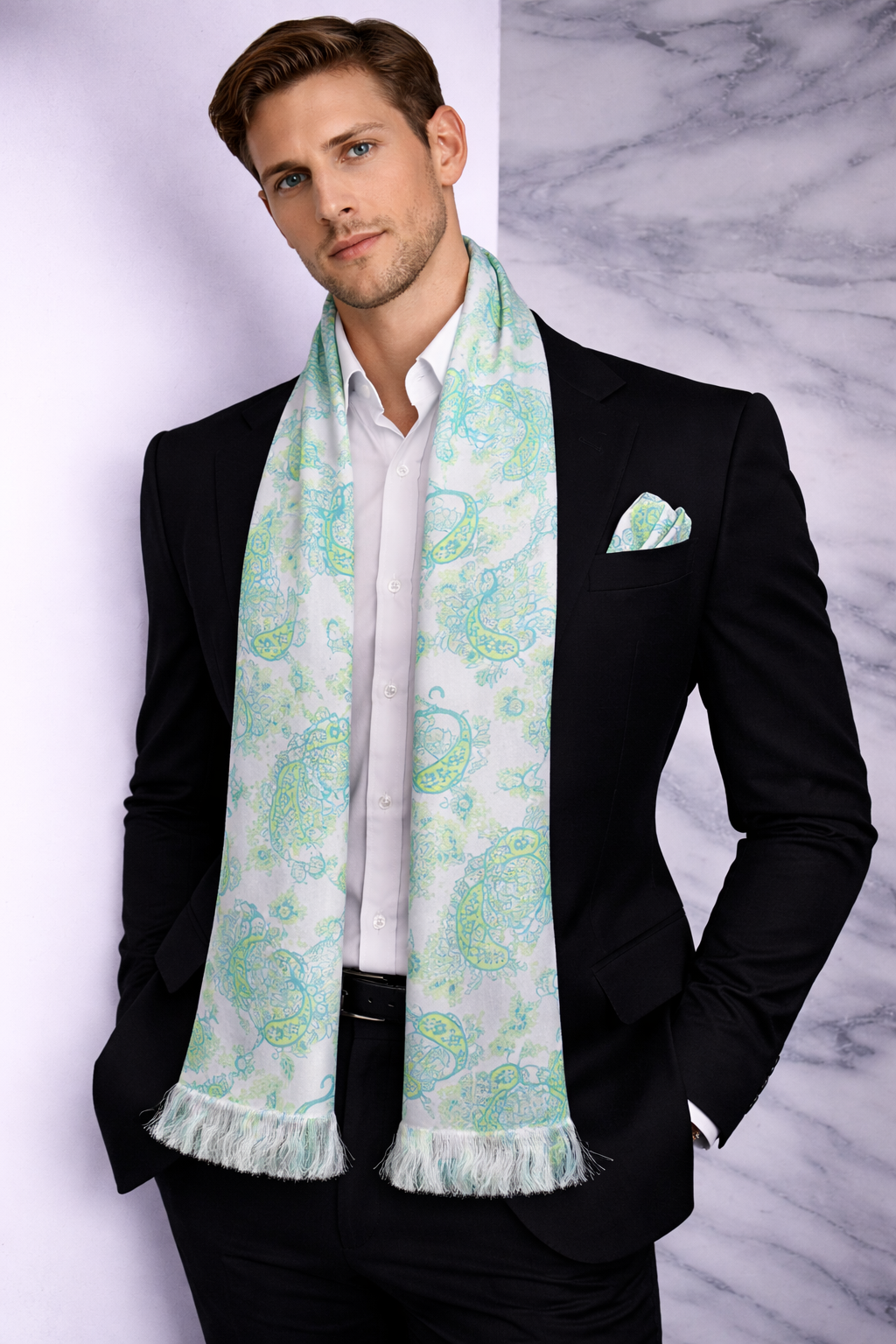 Green Paisley Printed Scarf With Pocket Square