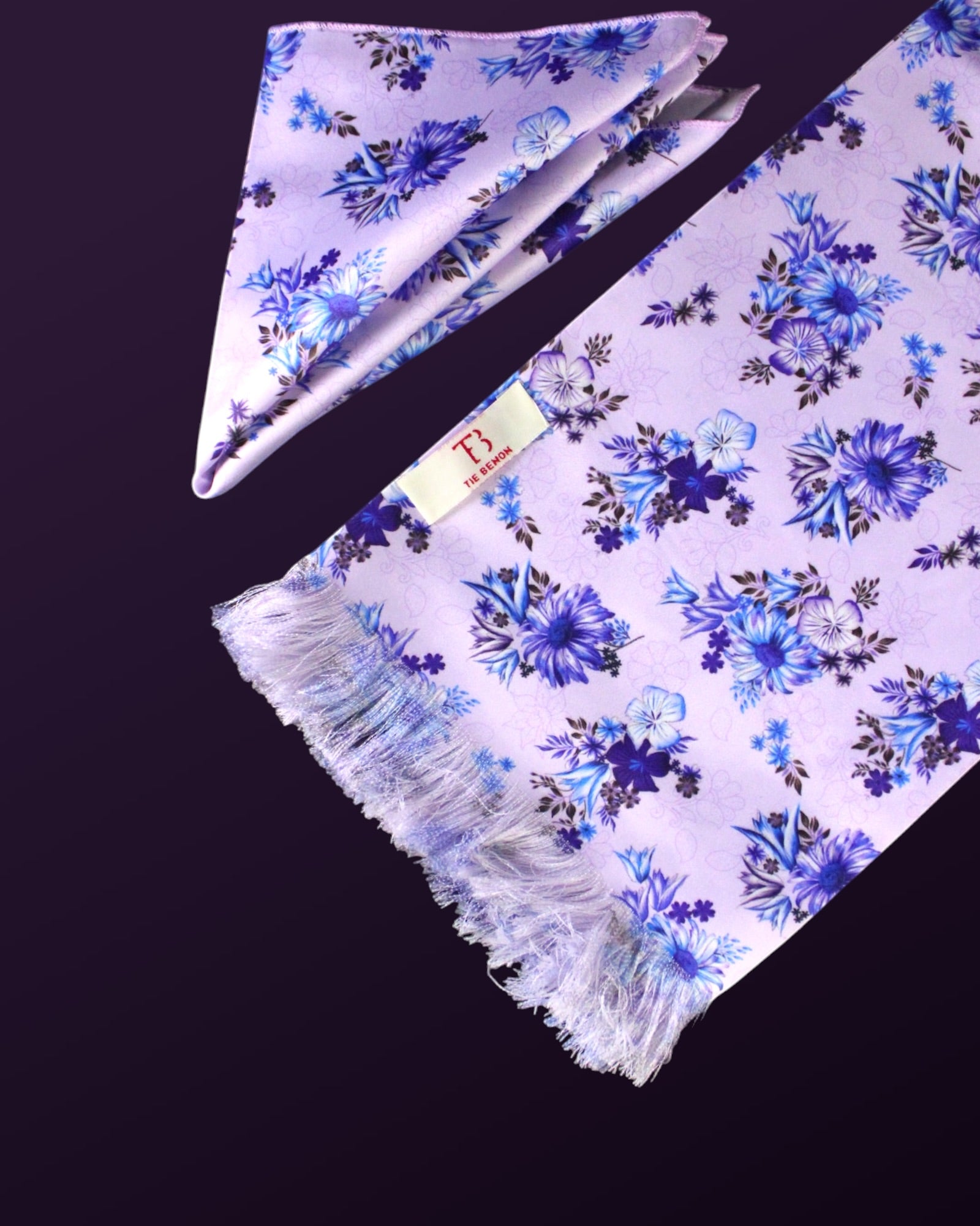 Lavender Floral Printed Scarf With Pocket Square