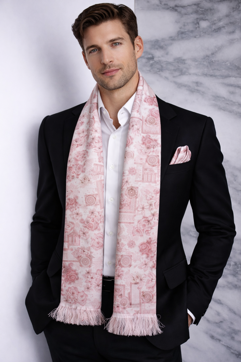 Peach Geometric Printed Scarf With Pocket Square