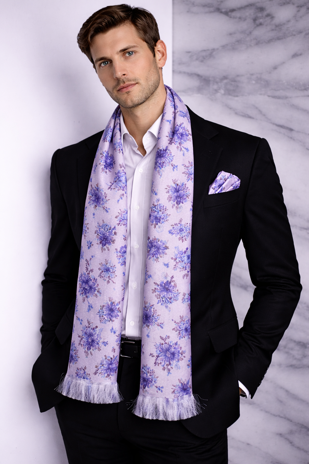 Lavender Floral Printed Scarf With Pocket Square