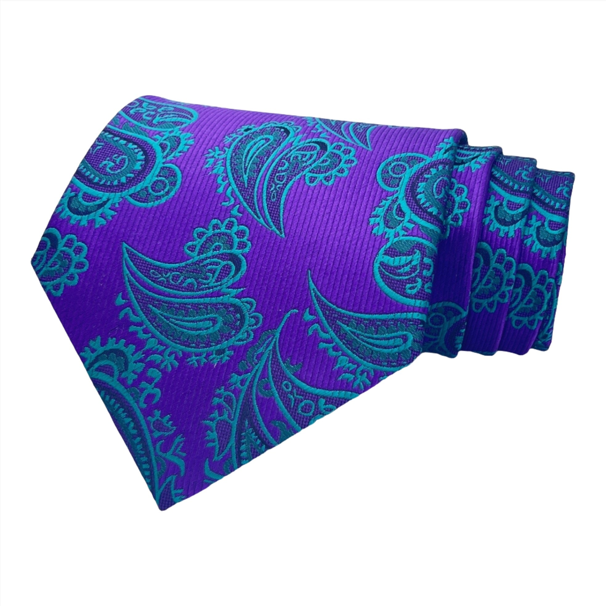A teal and purple paisley tie combo laid out in a fan-like arrangement.