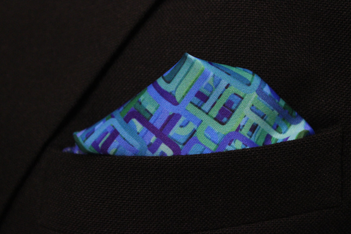 Teal and Navy Geometric Tie with Pocket Square