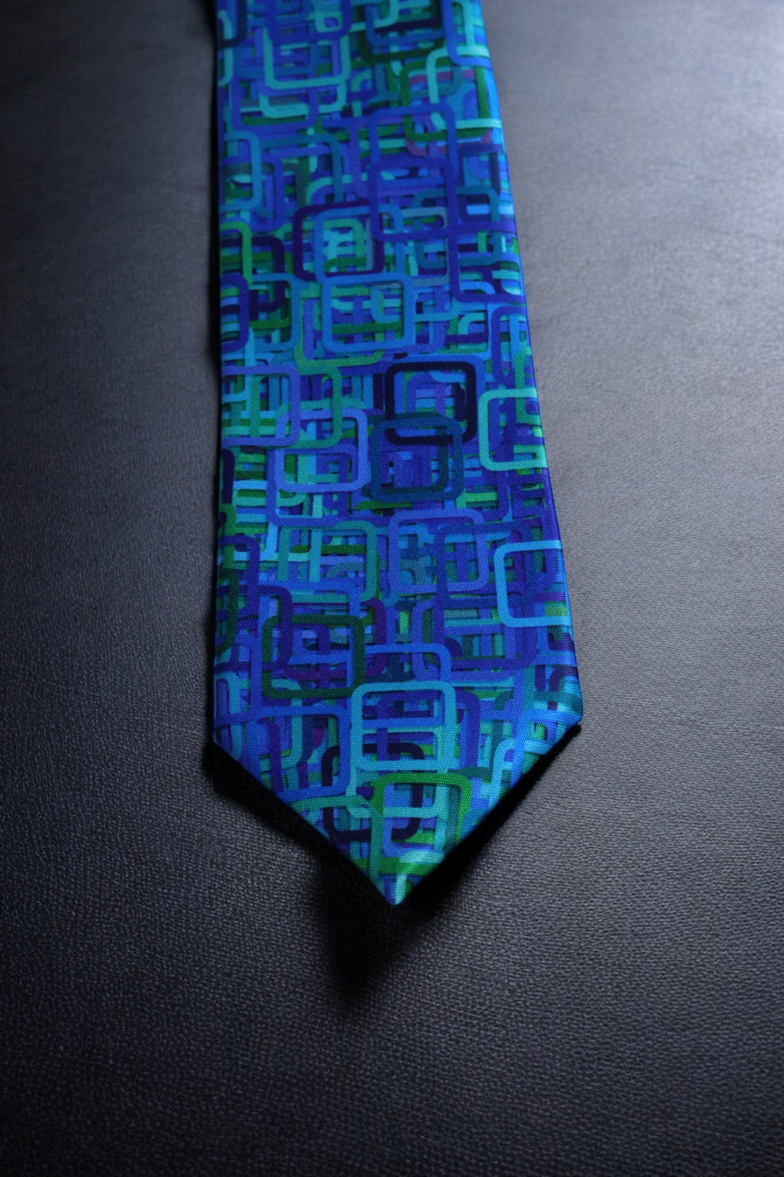 Teal and Navy Geometric Tie with Pocket Square