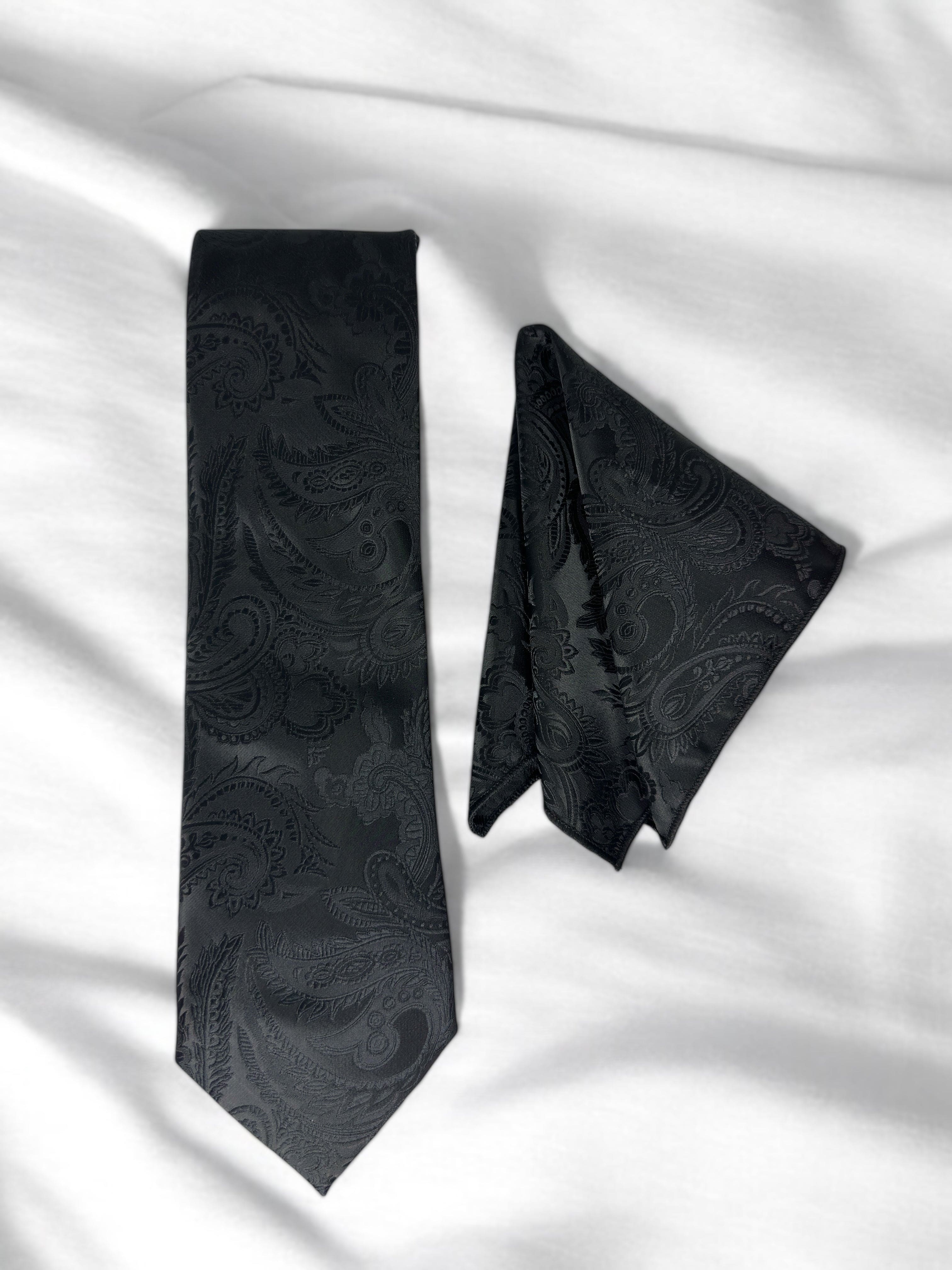 TieBenon Black Paisley Tie with Pocket Square – Premium Microfiber
