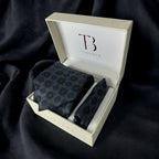 A Tie Benon gray tie with pocket square set, presented in a white box with a Tie Benon branding on the top.