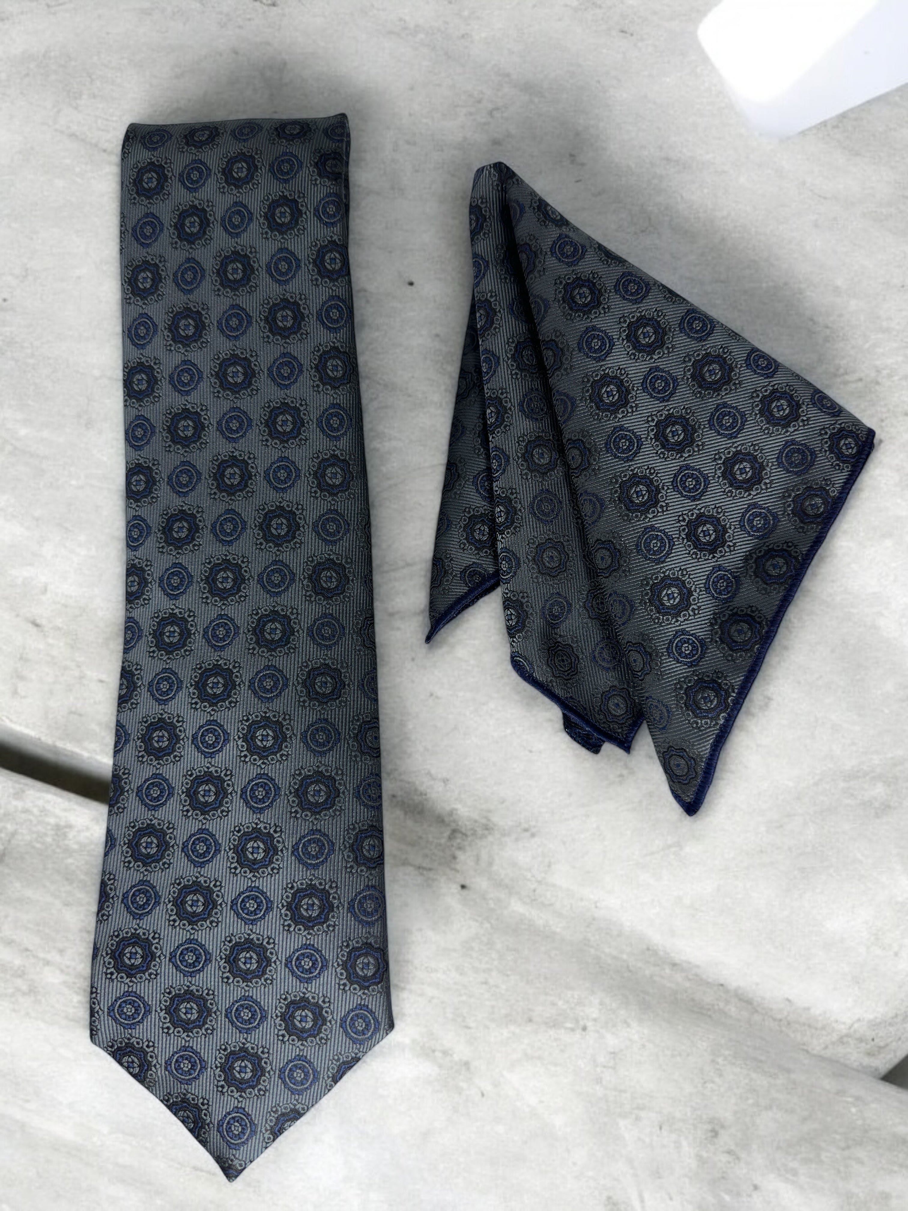 TieBenon Gray Tie with Pocket Square – Premium Microfiber