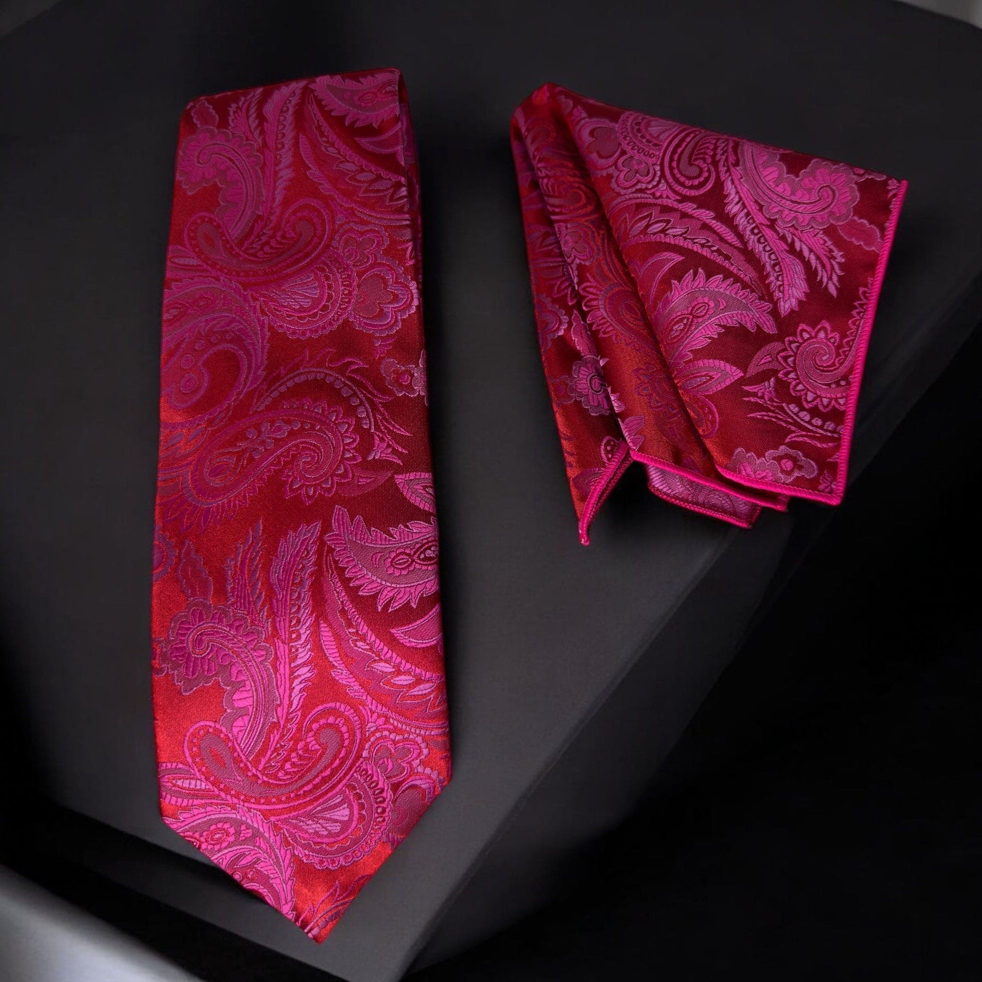 TieBenon Hot Pink Paisley Tie with Pocket Square – Premium Microfiber