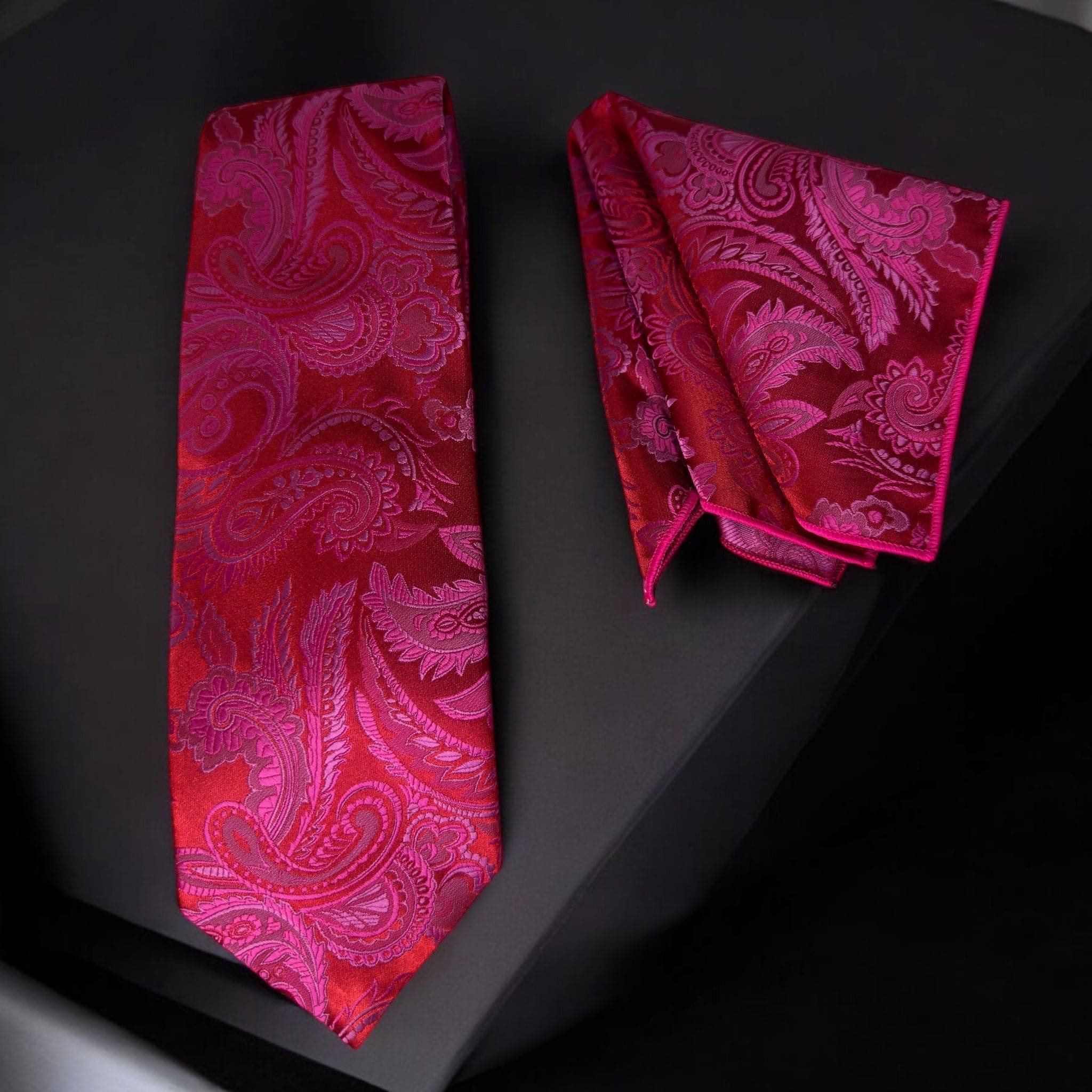 TieBenon Hot Pink Paisley Tie with Pocket Square – Premium Microfiber