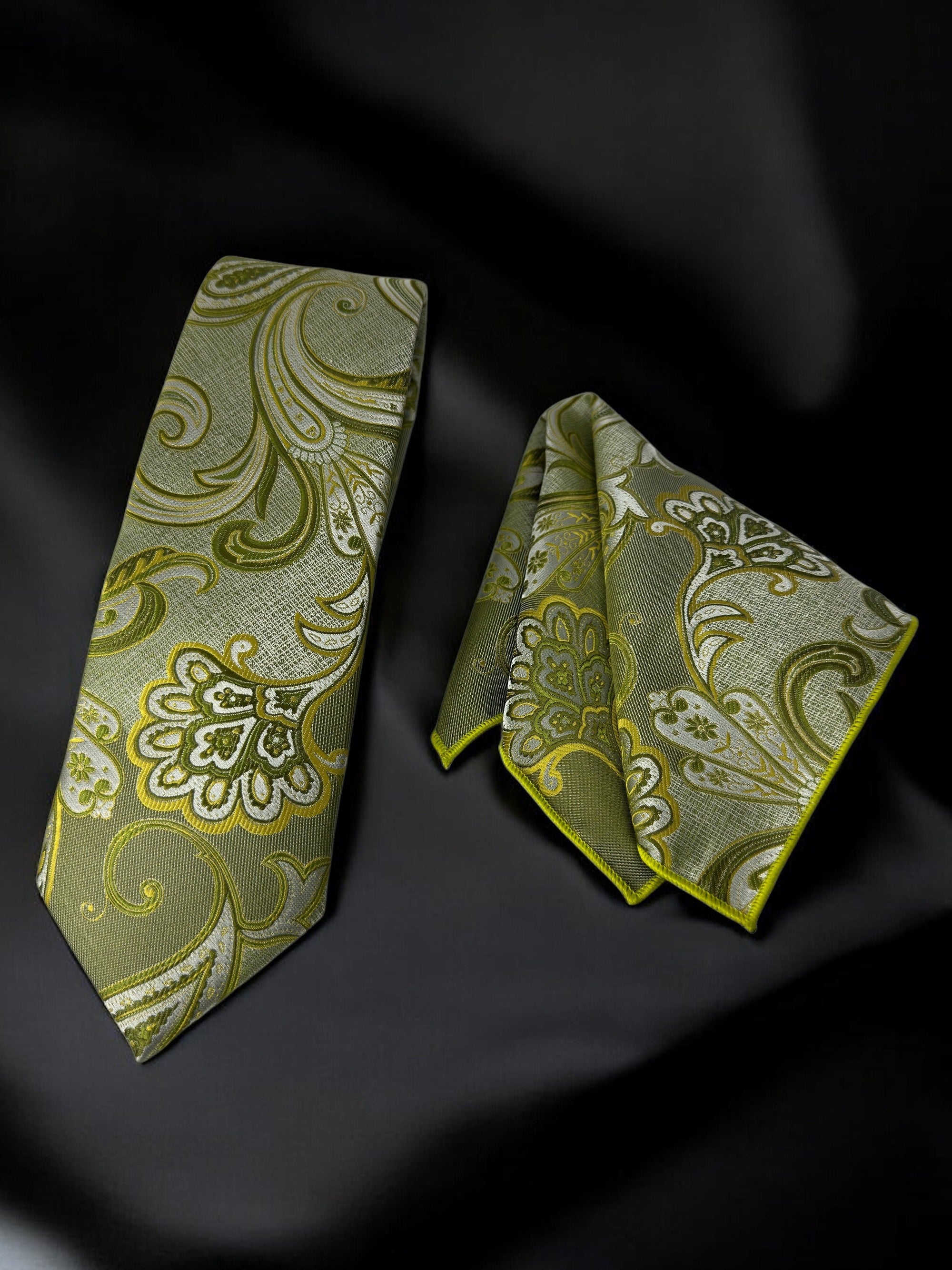 TieBenon Pickle Green Paisley Tie with Pocket Square – Premium Microfiber