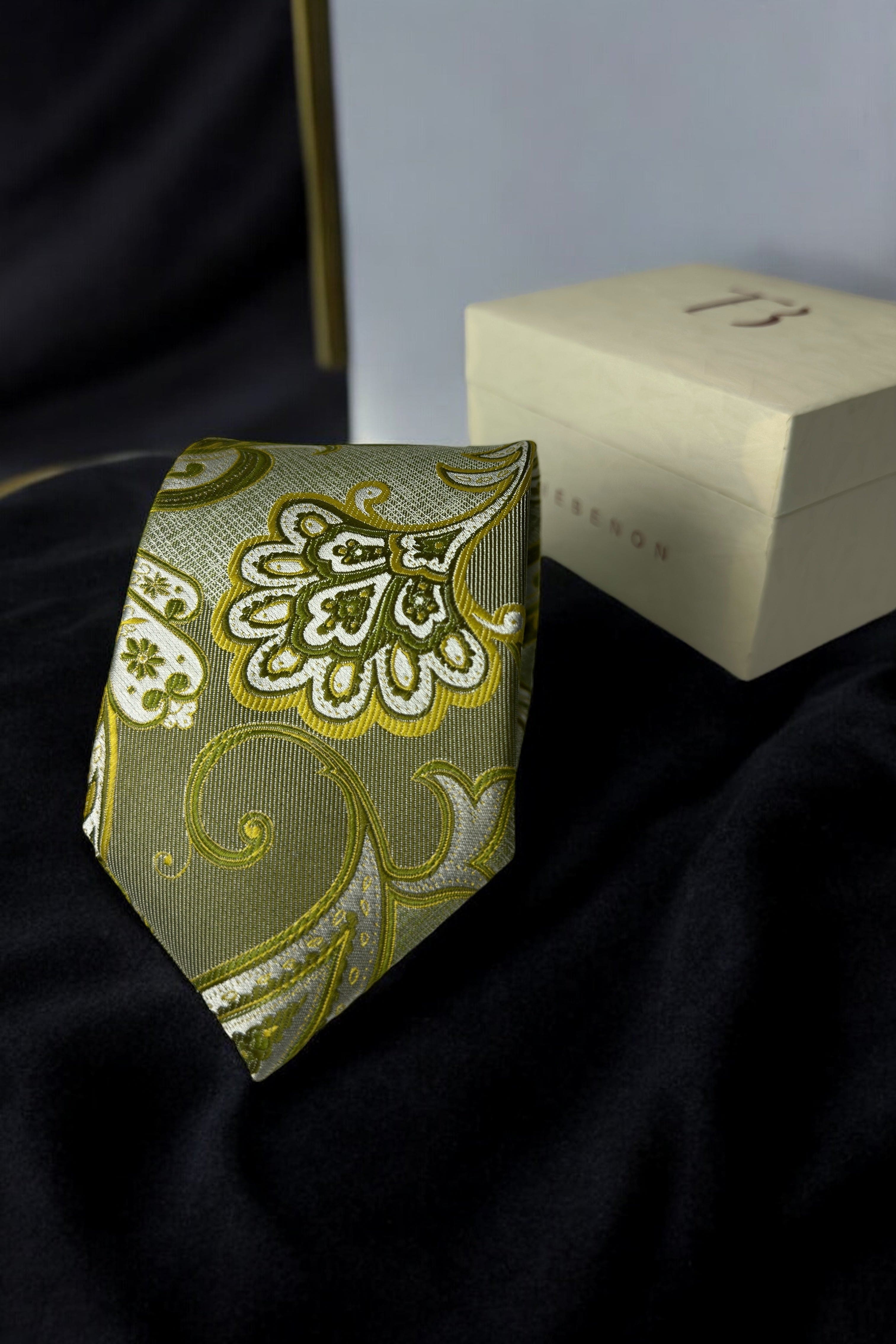 TieBenon Pickle Green Paisley Tie with Pocket Square – Premium Microfiber