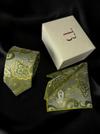TieBenon Pickle Green Paisley Tie with Pocket Square – Premium Microfiber