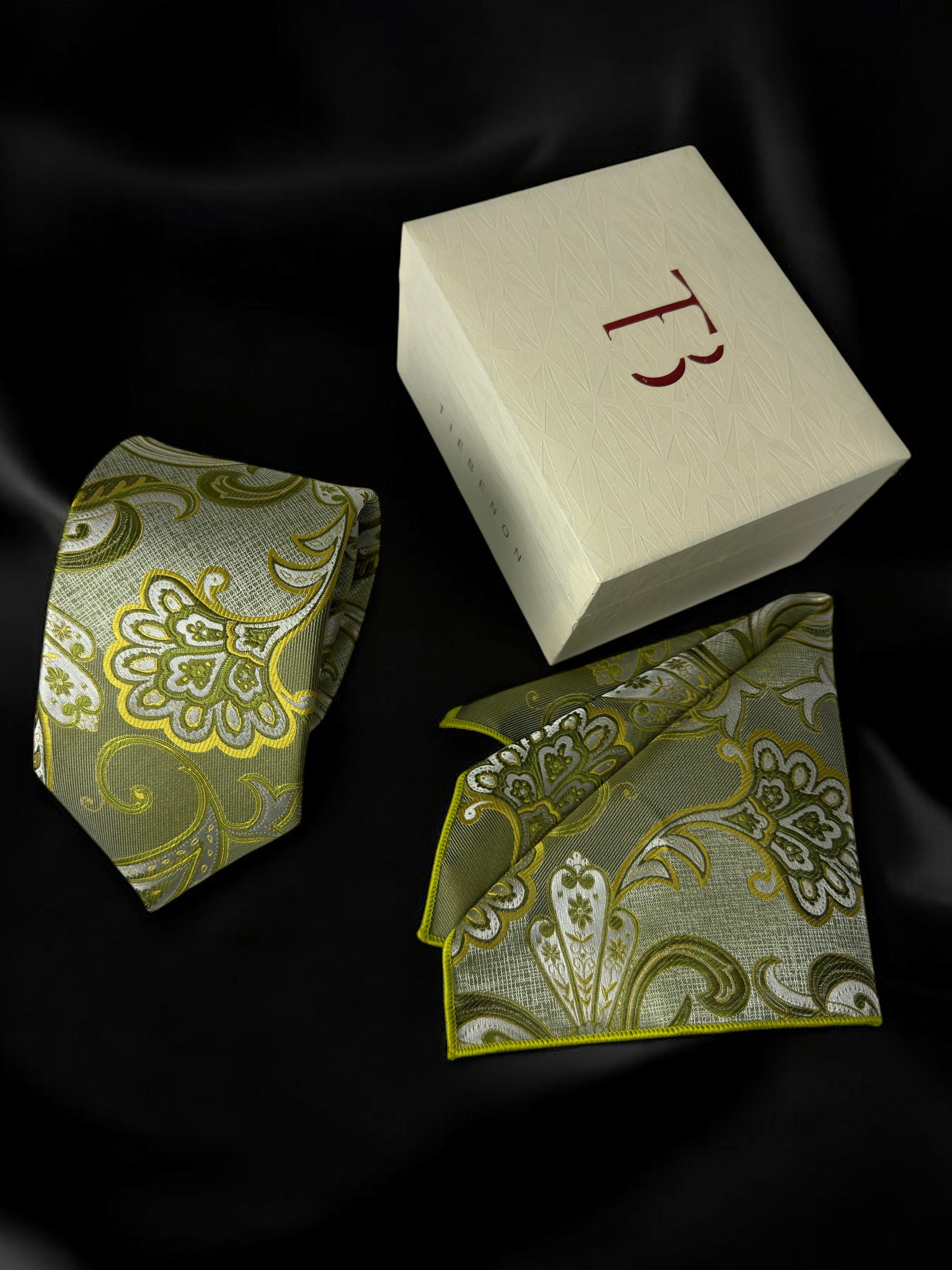 TieBenon Pickle Green Paisley Tie with Pocket Square – Premium Microfiber