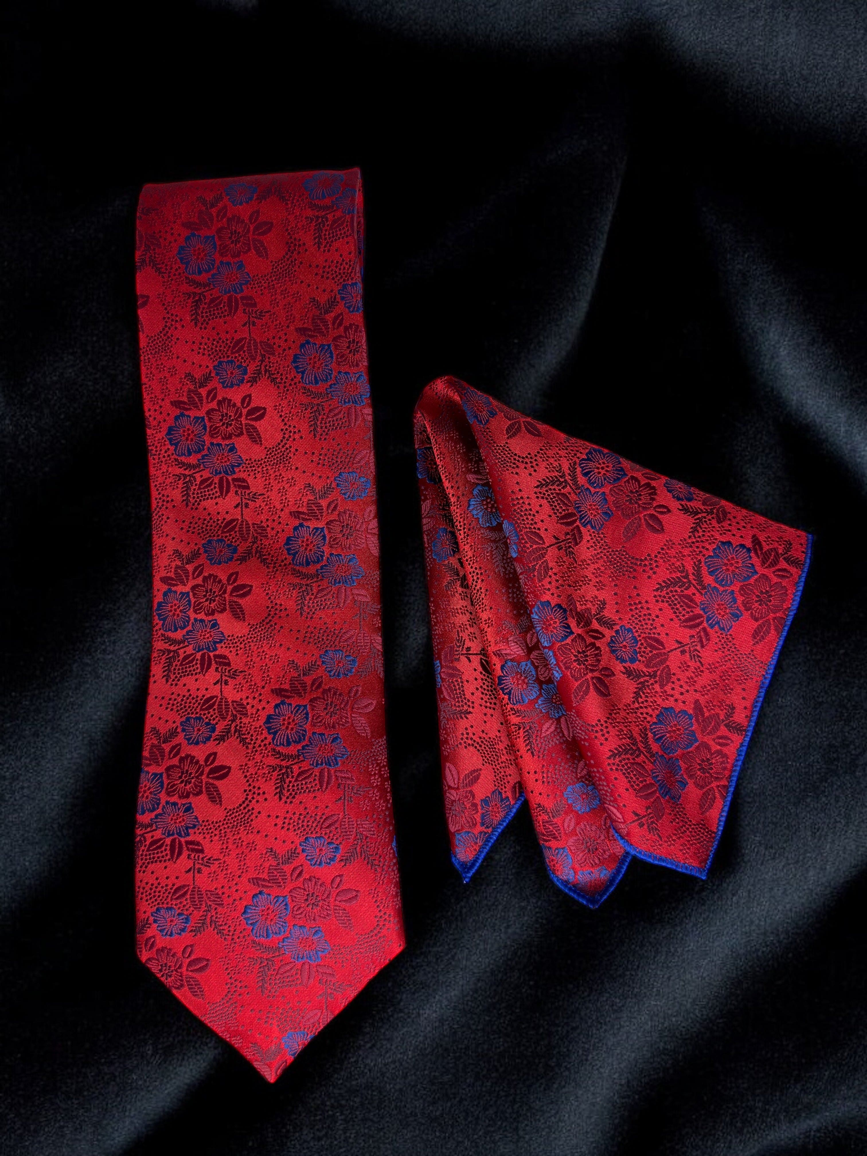 Tie Benon Crimson Red Floral Tie with Pocket Square – Premium Microfiber