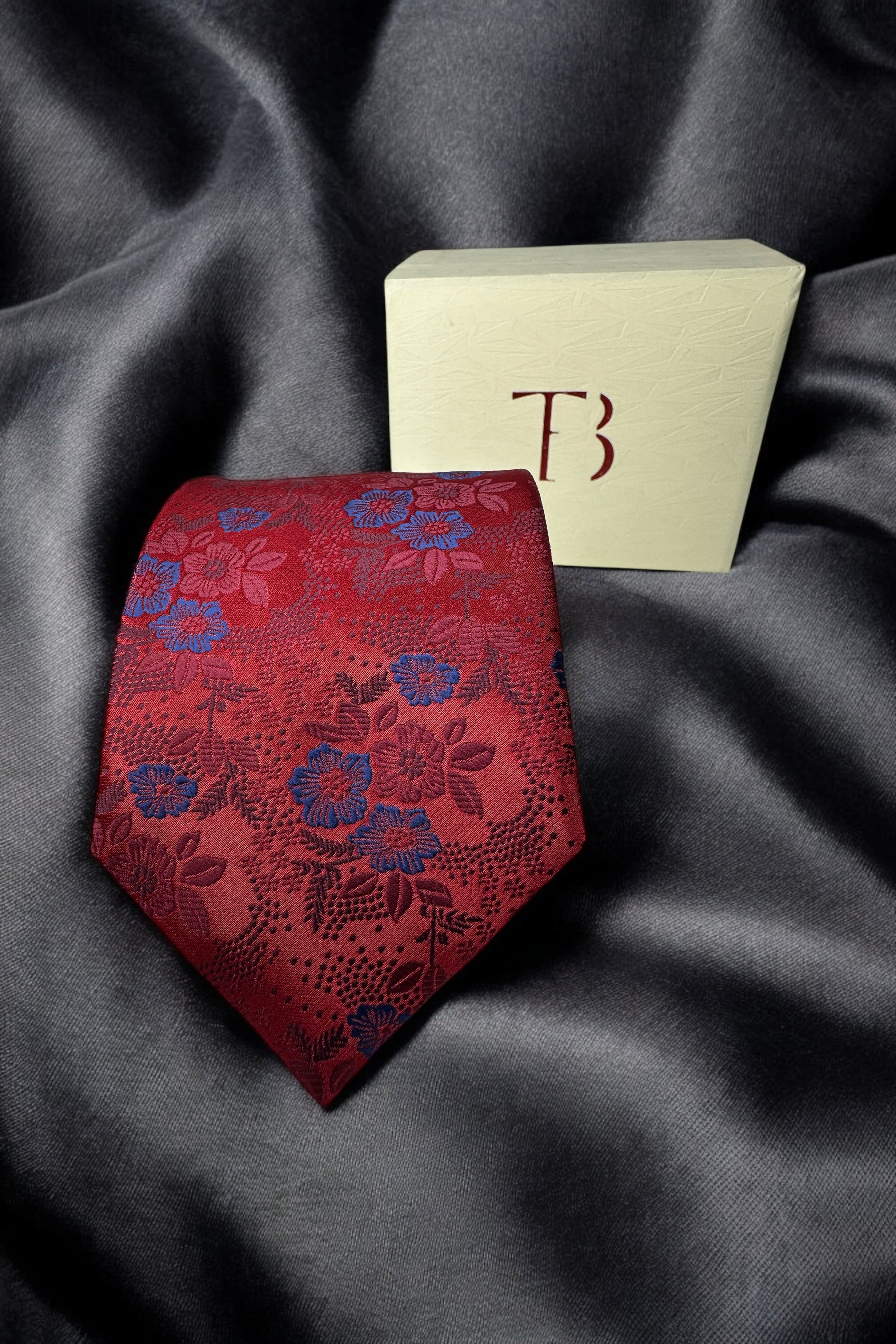 Tie Benon Crimson Red Floral Tie with Pocket Square – Premium Microfiber
