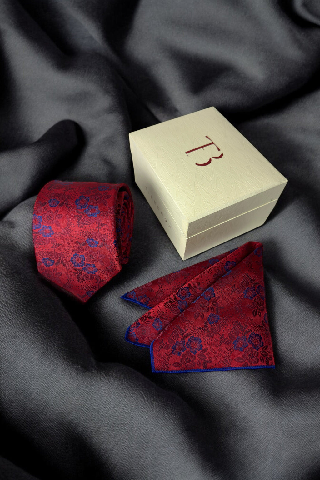 Tie Benon Crimson Red Floral Tie with Pocket Square – Premium Microfiber