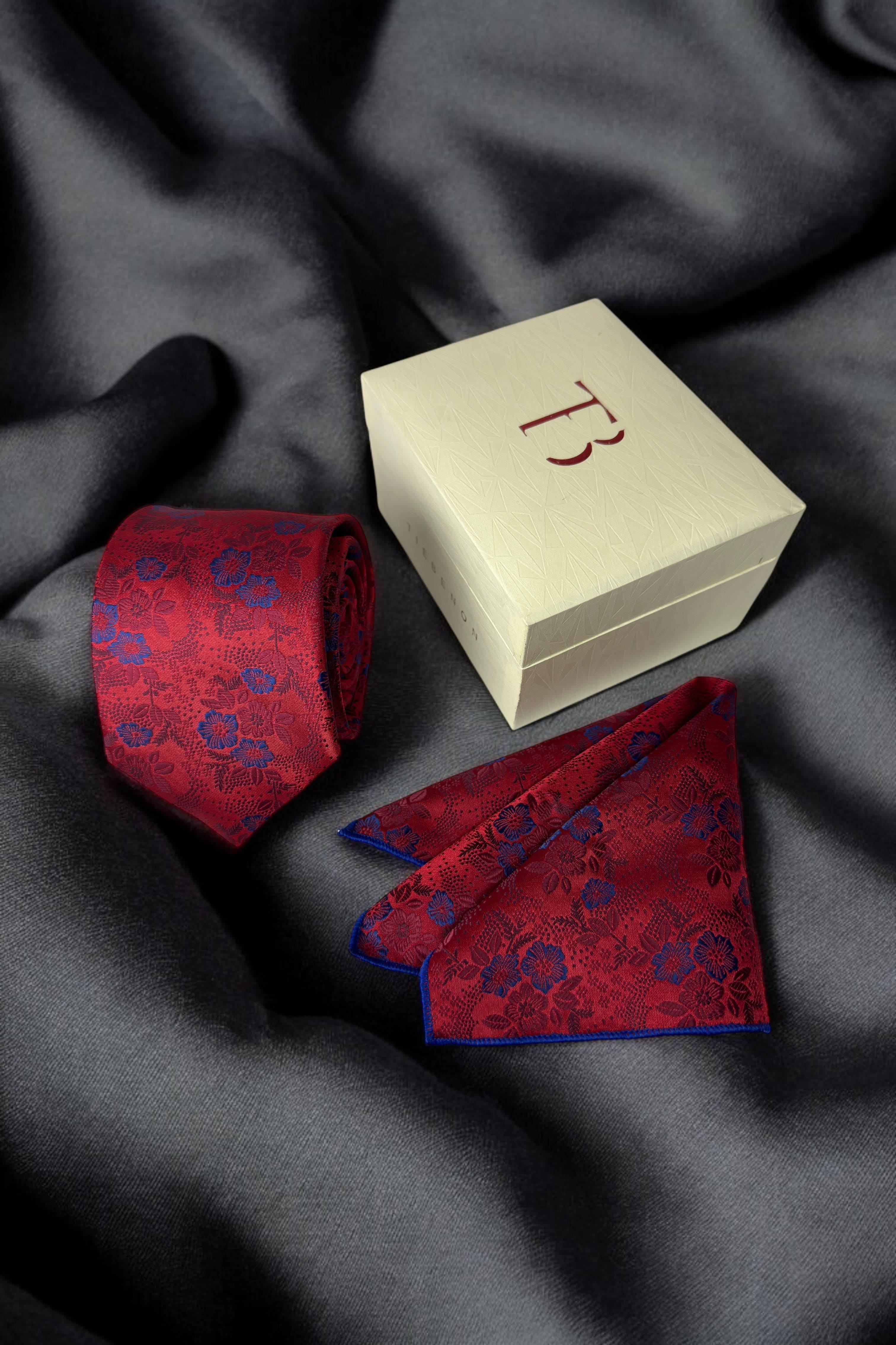 Tie Benon Crimson Red Floral Tie with Pocket Square – Premium Microfiber