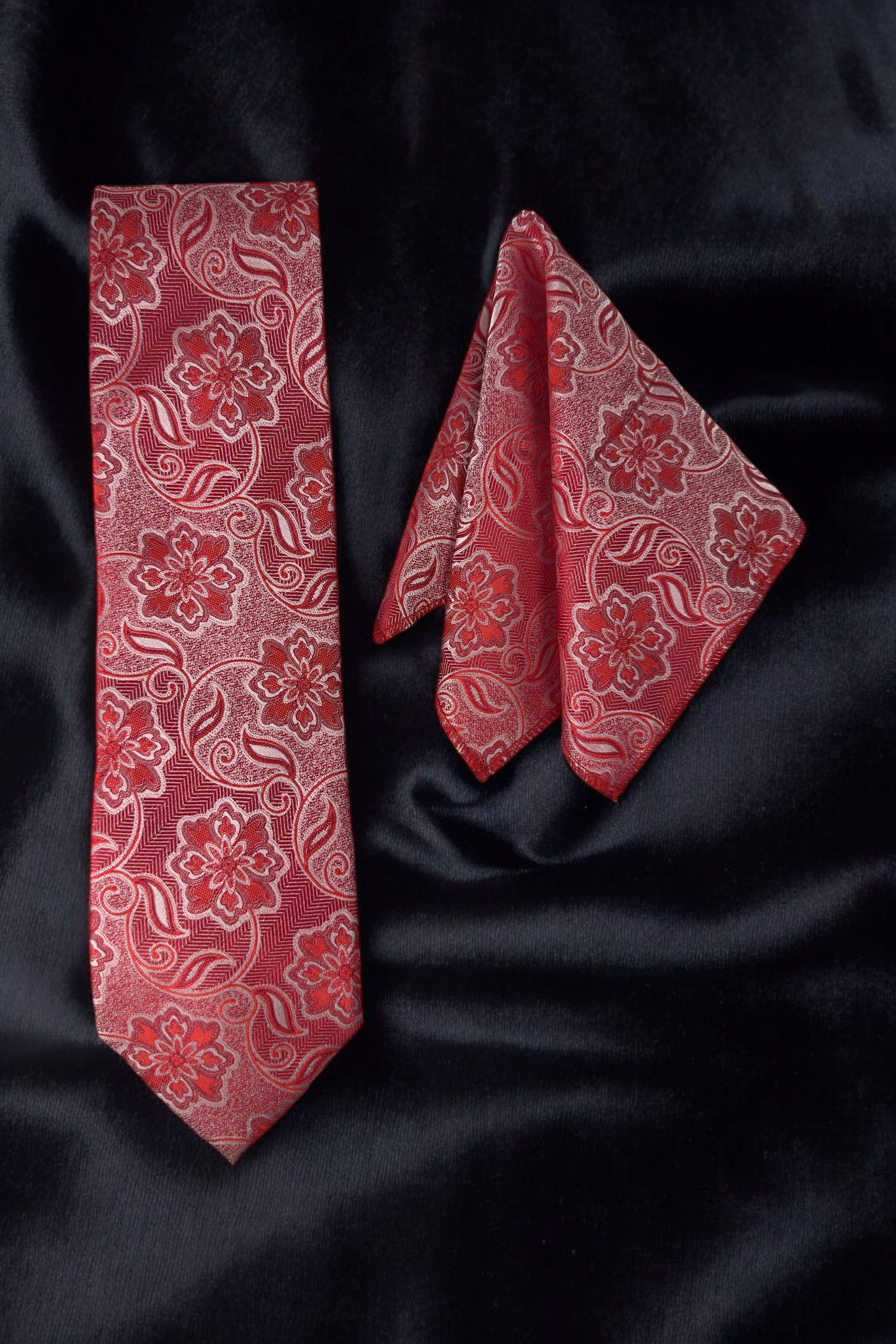 Tie Benon Red Paisley Tie with Pocket Square – Premium Microfiber